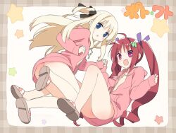  2girls :d :o ahoge ass bad_id bad_pixiv_id blonde_hair blue_eyes blush hair_ribbon hazuki_watora holding_hands hood hoodie jacket kani_biimu long_hair multiple_girls naked_hoodie no_panties oerba_yun_fang open_mouth original red_hair ribbon shimotsuki_potofu slippers smile twintails two_side_up 