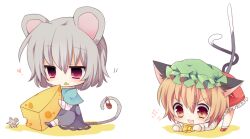  2girls :3 all_fours animal_ears bad_id bad_pixiv_id basket blush brown_eyes brown_hair capelet cat_ears cat_tail cheese chen chibi commentary_request dress eating food grey_dress grey_hair hat heart mouse_(animal) mouse_ears mouse_tail multiple_girls multiple_tails nazrin nekomata oerba_yun_fang red_dress red_eyes short_hair sitting sparkle tail touhou yukimiya_(parupunta) 