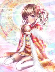  ball blush brown_hair commentary_request female fur_trim hair_ornament japanese_clothes kimono original peroshiti_aniki red_kimono short_hair short_kimono short_twintails sitting solo temari_ball thighhighs twintails wariza white_thighhighs 