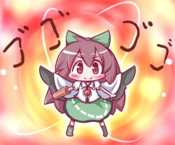  arm_cannon arm_up asymmetrical_footwear blush bow brown_hair cape chibi commentary_request female fire green_bow green_skirt hairbow long_hair maitora mismatched_footwear photoshop_(medium) reiuji_utsuho skirt smile solo touhou weapon wings 