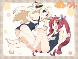  2girls :d :o ahoge ass bad_id bad_pixiv_id barefoot blonde_hair blue_eyes blush feet hair_ribbon hazuki_watora holding_hands kani_biimu long_hair multiple_girls oerba_yun_fang one-piece_swimsuit open_mouth original red_hair ribbon school_swimsuit shimotsuki_potofu smile swimsuit twintails two_side_up 