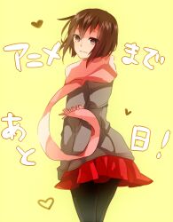  bad_id bad_pixiv_id brown_hair coat female hanagata no.6 pantyhose safu scarf short_hair skirt smile solo 