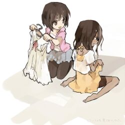  2girls bad_id bad_pixiv_id barefoot bike_shorts blush brown_hair dark-skinned_female dark_skin dress inukashi kneeling long_hair multiple_girls no.6 pantyhose safu short_hair sitting skirt soto wariza 