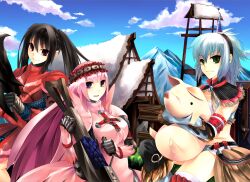  black_hair capcom hermitaur_(armor) khezu_(armor) kirin_(armor) monster_hunter pig pink_hair poogie rinnfa white_hair 