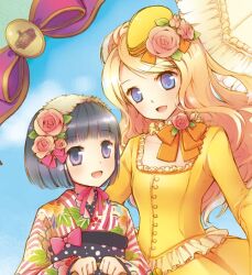  2girls :d alice_blanche azami_yuuko blonde_hair blue_eyes commentary_request floral_print flower hair_flower hair_ornament ikoku_meiro_no_croisee japanese_clothes kimono long_hair multiple_girls open_mouth photoshop_(medium) purple_eyes short_hair smile yune_(ikoku_meiro_no_croisee) 