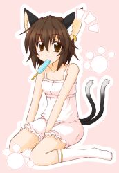  animal_ears bad_id bad_pixiv_id bare_shoulders bloomers brown_eyes brown_hair camisole cat_ears cat_tail chen earrings eku female food hair_between_eyes highres jewelry kneehighs mouth_hold multiple_tails notice_lines photoshop_(medium) popsicle short_hair simple_background single_earring sitting socks solo tail touhou underwear underwear_only wariza white_bloomers white_socks 