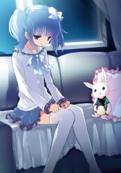  blouse blue_hair blue_theme bow bowtie chiyingzai commentary couch female hair_bobbles hair_ornament hairbow hands_on_lap looking_down night original pillow pink_eyes purple_eyes sad shirt short_hair sitting skirt solo stuffed_animal stuffed_rabbit stuffed_toy thighhighs twintails white_thighhighs window zettai_ryouiki 