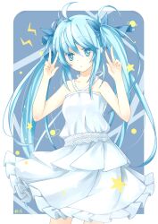  :&lt; bare_shoulders blue_eyes blue_hair commentary_request denpa_onna_to_seishun_otoko dress female hair_ribbon halterneck hiragi_rin long_hair ribbon solo star_(symbol) touwa_erio twintails v 