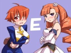  ahoge aq_interactive arcana_heart arcana_heart_2 atlus bare_shoulders blush breasts cleavage dress drill_hair elbow_gloves elsa_la_conti examu gloves long_hair misao_(kami_no_misoshiru) nun open_mouth petra_johanna_lagerkvist purple_eyes red_eyes red_hair sweat 