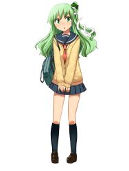  alternate_costume bag blush cardigan commentary_request contemporary female frog green_eyes green_hair hair_ornament hair_tubes highres hota kochiya_sanae long_hair open_mouth school_uniform serafuku skirt snake solo sweater touhou 