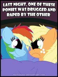  angry applejack_(mlp) bed equid equine eye_contact female female/female forced friendship_is_magic furniture hasbro horse looking_at_another mammal massagraf my_little_pony on_bed pony rainbow_dash_(mlp) rape rape_face scared smile under_covers 