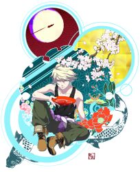  1boy asa_no_ha_(pattern) blonde_hair boots camellia cherry_blossoms commentary_request cup fish flower flying full_moon highres ivan_karelin jacket letterman_jacket male_focus moon purple_eyes purple_jacket sakazuki samurai10932 seigaiha sky_high_(tiger_&amp;_bunny) solo superhero_costume tank_top tiger_&amp;_bunny 