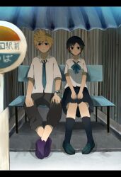  1boy black_hair blonde_hair blue_eyes blush bus_stop commentary_request female highres kingdom_hearts kingdom_hearts_358/2_days md5_mismatch necktie roxas sana423 school_uniform short_hair wristband xion_(kingdom_hearts) 