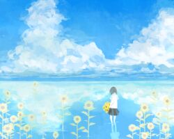  anbivarens cloud commentary_request day dress_shirt female flood flower from_behind original outdoors reflection scenery shirt skirt sky solo sunflower wading water water_world 