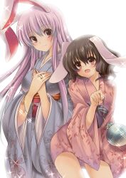  2girls animal_ears bloom blue_kimono blush brown_hair commentary_request floral_print glint highres inaba_tewi japanese_clothes jewelry jpeg_artifacts kimono long_hair multiple_girls open_mouth own_hands_together pink_kimono print_kimono purple_hair rabbit_ears red_eyes reisen_udongein_inaba ring sack short_hair smile sparkle suzuki_nene touhou yukata 