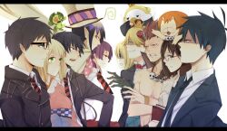  2girls 6+boys akutabe alternate_form ao_no_exorcist azazel_(azazel-san) beelzebub_(azazel-san) black_hair blonde_hair blue_eyes brothers brown_eyes brown_hair commentary_request crossover demon_boy faceoff glasses green_eyes highres kamiki_izumo letterboxed mephisto_pheles moriyama_shiemi multiple_boys multiple_girls necktie nii_(ao_no_exorcist) no_eyebrows okumura_rin okumura_yukio opposing_sides pointy_ears red_eyes sakuma_rinko school_uniform siblings striped striped_necktie undine_(azazel-san) yellow_eyes yondemasu_yo_azazel-san. yuube_(storyteller0) 