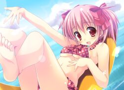  :d afloat bad_id bad_pixiv_id banana_boat barefoot bikini breasts cameltoe cloud cropped day feet female hair_ribbon kaname_madoka legs lens_flare looking_at_viewer lying mahou_shoujo_madoka_magica mahou_shoujo_madoka_magica_(anime) medium_breasts nanaroba_hana navel on_back on_banana open_mouth photoshop_(medium) pink_eyes pink_hair polka_dot polka_dot_bikini red_bikini ribbon short_hair smile soles solo swimsuit toes underboob water 