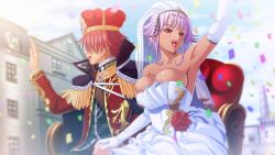  1boy bare_shoulders breasts cleavage crown dark_skin dress female flower game_cg gladys_(kyonyuu_fantasy) gladys_von_walkenheim gloves hand_holding king kyonyuu_fantasy kyonyuu_fantasy_gaiden large_breasts outdoors purple_hair ryuuto_henge sky veil waffle wedding wedding_dress 