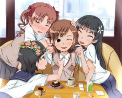  4girls 4shi black_hair brown_eyes brown_hair cake cheek_squash closed_eyes commentary_request cup drink earphones earphones_removed food harem hug long_hair misaka_mikoto multiple_girls one_eye_closed pudding sakugawa_school_uniform saten_ruiko school_uniform serafuku shirai_kuroko short_hair skirt summer_uniform teacup toaru_kagaku_no_railgun toaru_majutsu_no_index tokiwadai_school_uniform twintails uiharu_kazari yuri 