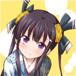  bad_id bad_pixiv_id black_hair bow dango female food hair_ornament hairbow hairclip hino_hiroma japanese_clothes long_hair oda_kou photoshop_(medium) purple_eyes rance_(series) ribbon sengoku_rance smile solo twintails wagashi 