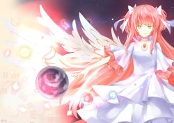  choker commentary_request dress earth_(planet) feathers female gem hair_ribbon hiragi_rin kaname_madoka long_hair mahou_shoujo_madoka_magica mahou_shoujo_madoka_magica_(anime) photoshop_(medium) pink_hair planet ribbon smile solo star_(sky) ultimate_madoka wings yellow_eyes 