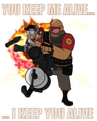  2011 :d alpha_channel ammunition bald belt black_hair boots brokenteapot clothing english_text explosion explosives eyewear footwear frown gatling_gun glasses grenade gun hair heavy_(team_fortress_2) machine_gun medic_(team_fortress_2) minigun ranged_weapon smile stubble team_fortress_2 teapot text valve weapon 