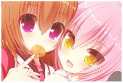  2girls animal_hands bad_id bad_nicoseiga_id blush breast_press breasts brown_hair cassini_m_bisuko cat_girl cat_paws close-up cracker eyes_visible_through_hair food food-themed_hair_ornament hair_ornament large_breasts long_hair mouth_hold multiple_girls necktie oerba_yun_fang open_clothes open_mouth open_shirt original pale_color pink_eyes pink_hair ribbon shia_flatpaddy shirt smile symmetrical_docking syroh unaligned_breasts yellow_eyes 