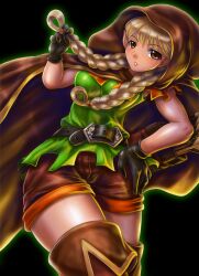  arrow_(projectile) belt blonde_hair boken_fantasy boots braid brown_eyes brown_shorts cloak commentary_request dragon&#039;s_crown elf elf_(dragon&#039;s_crown) female gloves highres hood hooded_cloak pointy_ears quiver shorts solo thigh_boots thighhighs twin_braids 