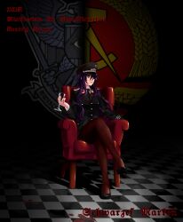  bad_id bad_pixiv_id beatrix_bremer blood brown_legwear chair checkered_floor crossed_legs cup drinking_glass east_german female german_text hat high_heels highres long_hair military military_hat military_uniform mizuki_(mizuki_ame) muv-luv muv-luv_alternative pantyhose peaked_cap photoshop_(medium) purple_hair ranguage red_eyes schwarzesmarken shoes sitting solo thighhighs translated uniform wine_glass 