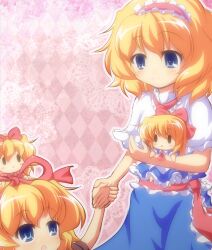  2girls :x alice_margatroid belt blonde_hair blue_dress blue_eyes bow capelet commentary_request dress hair_ribbon hairband hairbow holding_hands medicine_melancholy multiple_girls nullpooo open_mouth ribbon shanghai_doll short_hair smile su-san touhou 