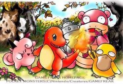  charmander clefairy cooking cubone eating flower food game_freak lowres no_humans official_art pokemon psyduck slowbro tree 