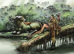  barefoot creature female kureta_(nikogori) original plant river scenery sitting staff vines water weapon white_hair 