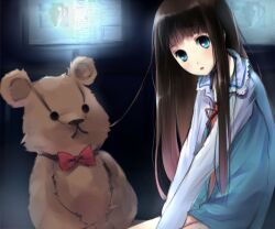  bad_id bad_pixiv_id black_hair blue_eyes female kami-sama_no_memo-chou large_teddy_bear long_hair maigoyaki monitor multiple_monitors painttool_sai pajamas recursion shionji_yuuko solo stuffed_animal stuffed_toy teddy_bear 