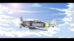  aircraft airplane animal_ears cloud commentary_request day female fw_190 headphones highres hu_sea letterboxed luftwaffe military original photoshop_(medium) sky solo vehicle_focus wehrmacht world_war_ii world_witches_series 