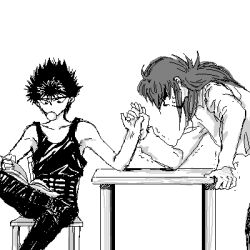  2boys arm_wrestle black_and_white bubblegum comedy funny hiei kurama lowres male male_focus monochrome multiple_boys reading yu_yu_hakusho yuu_yuu_hakusho 