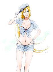  blonde_hair blue_eyes breasts cleavage facial_mark female gloves gradient gradient_background hand_on_hip hat hips kimidake long_hair midriff mkhkn naruko naruto navel panties rule_63 short_shorts shorts side-tie_panties smile solo standing underwear uniform unzipped uzumaki_naruto very_long_hair white_background wink 