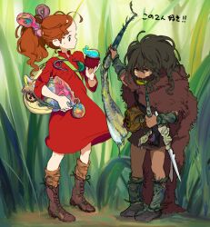  1boy arm_warmers arrietty bad_id bad_pixiv_id bag black_hair boots clothes_pin dress facial_mark female fur karigurashi_no_arrietty long_hair mini_person miniboy minigirl ninton ponytail red_dress spiller weapon 