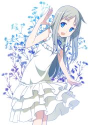  :3 ano_hi_mita_hana_no_namae_wo_bokutachi_wa_mada_shiranai. blue_eyes commentary_request dress female floral_background grey_hair honma_meiko long_hair open_mouth smile solo sundress takigawa_yuu waving 