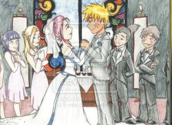  blonde_hair blue_eyes brown_hair deviantart e-vay_(artist) hyuuga_hinata ino_yamanaka inuzaka_kiba nara_shikamaru pink_hair sakura_haruno uzumaki_naruto wedding wedding_uniform 