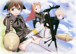  3girls animal_ears anti-materiel_rifle bipod blonde_hair blue_eyes blue_sky brown_eyes brown_hair buttons cloud collared_shirt commentary_request day dog_ears dog_girl erica_hartmann feet_out_of_frame gertrud_barkhorn grey_shirt gun hair_between_eyes handgun holding holding_gun holding_weapon kuuro_kuro long_sleeves mauser_tankgewehr_m1918 military_uniform minna-dietlinde_wilcke multiple_girls no_pants on_cloud outdoors panties panzerfaust parted_bangs pocket red_eyes red_hair rifle rocket_launcher shirt shoulder_boards sky sniper_rifle strike_witches striker_unit sturmpistole underwear uniform weapon white_panties white_shirt wolf_ears wolf_girl world_witches_series 