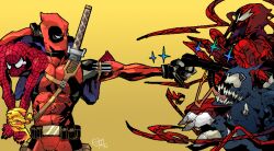  bodysuit bound bound_wrists carnage carry carrying choker deadpool frown gloves gun male male_focus marvel mask multiple_boys muscle peter_parker spider-man spider-man_(series) sword tears tentacle venom venom_(marvel) weapon 