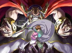  1boy armor blue_eyes boots brown_eyes brown_hair cape chaos_(rance) claws commentary_request cuffs extra_arms female fingernails from_above glowing glowing_eyes grin holding holding_sword holding_weapon horns kayblis kichikuou_rance living_weapon monster perspective photoshop_(medium) pink_hair purple_legwear rance rance_(series) scared sharp_fingernails sharp_teeth sill_plain smile sword teeth thighhighs torinoko_tamago unsheathed weapon 