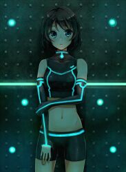  bad_id bad_pixiv_id bare_shoulders bike_shorts black_hair blue_eyes bob_cut derivative_work detached_sleeves female holding_own_arm midriff navel neon_trim original short_hair shorts solo tron tron:_legacy yuzuki_kihiro 