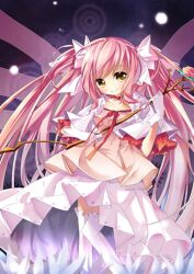  bad_id bad_pixiv_id bow_(weapon) choker dress female flower gloves hair_ribbon kaname_madoka long_hair magical_girl mahou_shoujo_madoka_magica mahou_shoujo_madoka_magica_(anime) no_nose pf photoshop_(medium) pink_hair ribbon rose smile solo thighhighs ultimate_madoka very_long_hair weapon yellow_eyes 