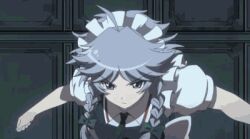  animated animated attack between_fingers braid clock female gears grey_hair holding izayoi_sakuya jumping knife lowres lunamoon maid maid_headdress multiple_weapons solo the_memories_of_phantasm time_stop too_many too_many_knives touhou weapon 