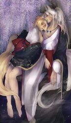  1boy animal_ears arm_around_neck bad_id bad_pixiv_id blonde_hair breasts brother_and_sister cleavage collarbone facial_mark female fingernails flower fox_ears fox_tail highres japanese_clothes jewelry kimono large_breasts lips magatama necklace obi original pochiharu pointy_ears sash siblings sitting tail tree white_hair wisteria yellow_eyes 