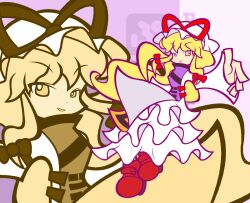  blonde_hair chibi commentary_request dress female hat ikasui_(okakenn1224) long_hair parody puyopuyo puyopuyo_fever ribbon smile solo style_parody touhou yakumo_yukari yellow_eyes zoom_layer 