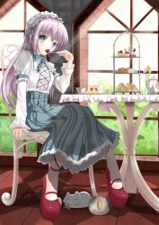  blue_eyes blush cake cake_slice chair chinese_commentary commentary_request cream_puff creamer_(vessel) cup eating fatkewell female flower food fork frills fruit fruit_tart gothic_lolita hairband highres indoors light_rays lolita_fashion long_hair mary_janes original plaid plaid_skirt purple_hair ramekin ribbon sandwich saucer shoes sitting skirt solo strawberry strawberry_shortcake sunbeam sunlight table tart_(food) tea teacup teapot tiered_tray window 