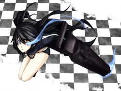  arm_cannon bad_id bad_pixiv_id black_hair black_rock_shooter black_rock_shooter_(character) black_shorts blue_eyes checkered female flaming_eye from_above long_hair serious shorts solo thighs toromera twintails weapon zipper 