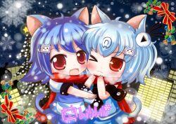  2girls ahoge animal_ears aqua_hair bell bili_girl_22 bili_girl_33 bilibili blue_hair blush blush_stickers building cat_ears cat_tail chibi christmas christmas_tree hair_ornament jingle_bell kemonomimi_mode leaf linda_b multiple_girls night oerba_yun_fang one_eye_closed open_mouth photoshop_(medium) red_eyes scarf shared_clothes shared_scarf snow snowflakes snowing star_(symbol) tail xiao_dianshi 